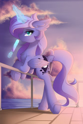 Size: 1280x1920 | Tagged: safe, artist:natanvok, princess luna (mlp), alicorn, equine, fictional species, mammal, pony, feral, friendship is magic, hasbro, my little pony, 2022, butt, chest fluff, dock, feathered wings, feathers, female, fluff, folded wings, food, glowing, glowing horn, horn, magic, mare, popsicle, solo, solo female, tail, telekinesis, wings