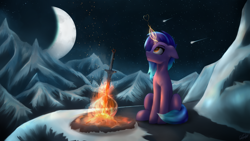 Size: 7680x4320 | Tagged: safe, artist:cmdrtempest, oc, oc only, oc:xanter67, equine, fictional species, mammal, pony, unicorn, feral, friendship is magic, hasbro, my little pony, 2022, absurd resolution, cloud, cute, epic, fantasy class, fire, happy, heart, ice, looking up, magic, male, moon, mountain, neon, night, rock, shadow, sitting, smoke, snow, solo, solo male, stars, sword, war, warrior, weapon