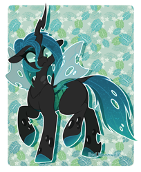 Size: 1857x2280 | Tagged: safe, artist:red_moonwolf, queen chrysalis (mlp), arthropod, changeling, changeling queen, equine, fictional species, mammal, pony, feral, friendship is magic, hasbro, my little pony, 2022, alternate hairstyle, black body, canterlot wedding 10th anniversary, female, gradient hooves, gradient mane, hair, high res, hooves, jagged horn, raised hoof, short mane, short tail, simple background, tail, unshorn fetlocks, watermark