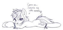 Size: 1570x738 | Tagged: suggestive, artist:fajeh, lyra heartstrings (mlp), equine, fictional species, mammal, pony, unicorn, feral, friendship is magic, hasbro, my little pony, 2022, bdsm, bedroom eyes, black and white, ear fluff, eye through hair, eyebrows, eyelashes, female, fluff, grayscale, hair, horn, looking at you, lying down, monochrome, open mouth, prone, raised eyebrow, simple background, sketch, smiling, smiling at you, solo, solo female, tail, talking, tied up, white background