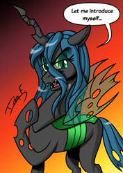 Size: 2481x3508 | Tagged: safe, artist:memprices, queen chrysalis (mlp), arthropod, changeling, changeling queen, equine, fictional species, mammal, feral, friendship is magic, hasbro, my little pony, 2022, black body, canterlot wedding 10th anniversary, comic style, dialogue, eye through hair, eyebrow through hair, eyebrows, eyelashes, female, gradient background, hair, high res, hoof on chest, hooves, insect wings, jagged horn, looking at you, open mouth, open smile, shading, signature, smiling, smiling at you, solo, solo female, speech bubble, talking, talking to viewer, text, wings