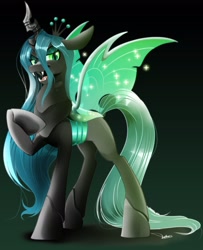 Size: 2338x2877 | Tagged: safe, artist:dormin-dim, queen chrysalis (mlp), arthropod, changeling, changeling queen, equine, fictional species, feral, friendship is magic, hasbro, my little pony, 2022, black body, canterlot wedding 10th anniversary, crown, eyelashes, fangs, female, hair, headwear, high res, insect wings, jagged horn, jewelry, long tail, open mouth, regalia, sharp teeth, solo, solo female, spread wings, tail, teeth, wings