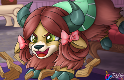 Size: 1224x792 | Tagged: safe, artist:inkkeystudios, yona (mlp), mammal, yak, feral, friendship is magic, hasbro, my little pony, 2022, bow, brown body, brown hair, female, hair, hair bow, horns, indoors, open mouth, open smile, signature, smashing, smiling, solo, solo female, wood
