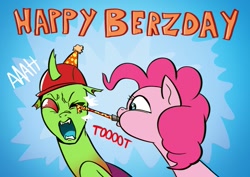 Size: 1169x827 | Tagged: safe, artist:doublewbrothers, pinkie pie (mlp), oc, oc:berzie, arthropod, changedling, changeling, earth pony, equine, fictional species, mammal, pony, feral, friendship is magic, hasbro, my little pony, 2022, birthday, duo, female, male, one eye closed, open mouth, surprised