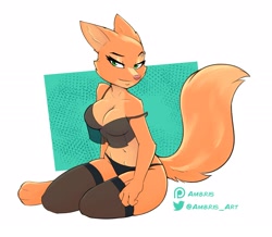 Size: 2325x2025 | Tagged: safe, artist:ambris, diane foxington (the bad guys), canine, fox, mammal, anthro, dreamworks animation, the bad guys, 2022, barefoot, bedroom eyes, belly button, big breasts, breasts, cleavage, clothes, feet, female, legwear, looking at you, nudity, panties, partial nudity, seductive, seductive eyes, seductive look, seductive pose, sitting, smiling, smiling at you, solo, solo female, stockings, tail, thick thighs, thighs, toes, underwear, vixen, wide hips