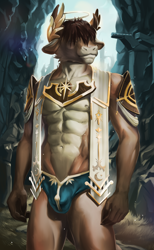 Size: 2160x3508 | Tagged: safe, artist:levsha, mammal, anthro, 2022, abs, armor, brown body, brown fur, brown hair, butt, crotch bulge, digital art, ears, ears down, fur, hair, halo, high res, horn, male, mountain, muscles, nudity, partial nudity, solo, solo male, unconvincing armor, white body, white fur, wreath