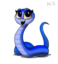Size: 850x926 | Tagged: safe, artist:magzieart, maddie (back to the outback), reptile, snake, feral, back to the outback, blue body, blue scales, colored sclera, cute, cute little fangs, eyelashes, fangs, female, looking up, nostrils, purple eyes, scales, sharp teeth, simple background, smiling, solo, solo female, teeth, white background, yellow sclera