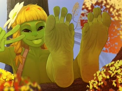 Size: 3313x2480 | Tagged: suggestive, artist:shugariosa, oc, oc:nessel, elf, fictional species, goblin, mammal, humanoid, barefoot, big feet, dirty feet, dirty soles, feet, female, flower, flower in hair, flower on head, foot fetish, foot focus, green skin, hair, hair accessory, looking at you, plant, skin, smiling, smiling at you, soles, solo, solo female, spread toes, toes, tongue, tongue out, tree, wiggling toes