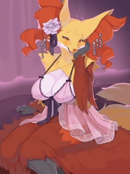 Size: 2249x3000 | Tagged: suggestive, artist:kame, delphox, fictional species, anthro, nintendo, pokémon, 2021, blushing, bra, breasts, clothes, digital art, ear fluff, ears, eyelashes, female, fluff, fur, japanese text, lingerie, looking at you, nipple outline, open mouth, panties, pose, red nose, shoulder fluff, simple background, sitting, solo, solo female, starter pokémon, tail, thighs, tongue, underwear, wide hips