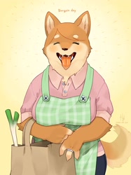 Size: 2048x2732 | Tagged: safe, artist:kame, oc, oc only, canine, dog, mammal, shiba inu, anthro, 2020, apron, bag, black nose, blushing, bottomwear, breasts, clothes, container, digital art, ears, eyelashes, eyes closed, female, fur, looking at you, open mouth, pants, sharp teeth, shirt, simple background, solo, solo female, tail, teeth, thighs, tongue, tongue out, topwear