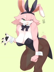 Size: 2001x2670 | Tagged: safe, artist:kame, oc, oc only, lagomorph, mammal, rabbit, anthro, 2020, absolute cleavage, bedroom eyes, bent over, big breasts, blushing, breasts, bunny ears, bunny suit, cleavage, clothes, digital art, ears, eyelashes, female, fur, legwear, looking at you, one eye closed, paw pads, paws, pose, simple background, solo, solo female, stockings, tail, thighs, wide hips