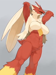 Size: 2048x2732 | Tagged: suggestive, artist:kame, blaziken, fictional species, anthro, digitigrade anthro, nintendo, pokémon, 2020, arm above head, armpits, bedroom eyes, belly button, blushing, breasts, digital art, ears, eyelashes, featureless breasts, featureless crotch, female, fluff, fur, hair, looking at you, looking down, looking down at you, neck fluff, nudity, one eye closed, pose, pubic fluff, solo, solo female, starter pokémon, tail, thighs, wide hips