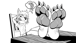 Size: 1920x1080 | Tagged: safe, artist:gritzmo, cat, feline, mammal, anthro, digitigrade anthro, 3 toes, feet, foot focus, male, paw pads, paws, solo, solo male, tease