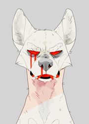 Size: 647x900 | Tagged: safe, artist:herbyeen, oc, oc only, canine, dog, mammal, feral, 2016, ambiguous gender, bust, cheek fluff, colored sclera, fluff, front view, fur, gray background, grey markings, grey nose, leaking blood, red eyes, red sclera, red teeth, simple background, solo, teeth, white body, white fur
