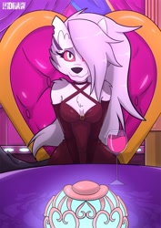 Size: 1002x1417 | Tagged: safe, artist:groncpercent, loona (vivzmind), canine, fictional species, hellhound, mammal, anthro, hazbin hotel, helluva boss, big breasts, breasts, cleavage, female, hair, hair over one eye, looking at you, romantic, sitting, smiling, smiling at you, solo, solo female, table