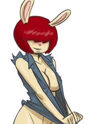 Size: 538x760 | Tagged: safe, artist:stickymon, molly macdonald (arthur), lagomorph, mammal, rabbit, anthro, arthur (series), pbs, absolute cleavage, big breasts, blushing, bottomless, braless, breasts, cleavage, female, hair, hair over eyes, nudity, partial nudity, shy, smiling, solo, solo female, tomboy, wide hips