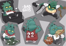 Size: 4096x2897 | Tagged: safe, artist:chibetto64, mr. piranha (the bad guys), mr. snake (the bad guys), mr. wolf (the bad guys), fish, piranha, anthro, dreamworks animation, the bad guys, 2022, alcohol, basketball (ball), basketball uniform, beer, beer can, chair, drink, droll, grin, male, money, smiling, snake tail, solo, solo male, sweat, tail, tattoo