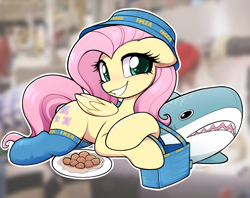 Size: 1956x1548 | Tagged: safe, artist:moozua, fluttershy (mlp), equine, fictional species, fish, mammal, pegasus, pony, shark, feral, friendship is magic, hasbro, ikea, my little pony, 2022, berrytube, blåhaj, clothes, commission, eyelashes, feathered wings, feathers, female, folded wings, green eyes, hair, legwear, mane, mare, pink hair, pink mane, pink tail, shark plushie, smiling, socks, solo, solo female, stockings, tail, thigh highs, wings, yellow body