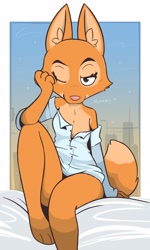 Size: 1880x3140 | Tagged: safe, artist:theartmanor, diane foxington (the bad guys), canine, fox, mammal, anthro, dreamworks animation, the bad guys, barefoot, breasts, cleavage, feet, female, looking at you, one eye closed, smiling, smiling at you, solo, thick thighs, thighs, toes, vixen, wake up