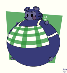 Size: 716x780 | Tagged: suggestive, artist:bigb3rri, mabel (animal crossing), hedgehog, mammal, anthro, animal crossing, nintendo, 2021, abstract background, apron, blue body, blueberry inflation, clothes, commission, dot eyes, female, fetish, hyper, hyper belly, hyper inflation, inflation, inflation fetish, naked apron, nudity, partial nudity, signature, solo, solo female