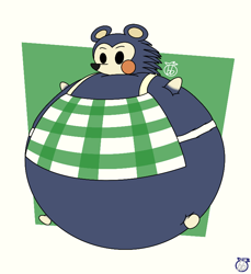 Size: 716x780 | Tagged: suggestive, alternate version, artist:bigb3rri, mabel (animal crossing), hedgehog, mammal, anthro, animal crossing, nintendo, 2021, abstract background, apron, blue body, clothes, commission, dot eyes, female, fetish, hyper, hyper belly, hyper inflation, inflation, inflation fetish, naked apron, nudity, partial nudity, signature, solo, solo female