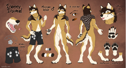 Size: 4550x2480 | Tagged: safe, artist:astraltus, oc, oc only, oc:danny dumal, canine, mammal, wolf, anthro, digitigrade anthro, 2021, blep, bottomwear, butt, clothes, complete nudity, featureless crotch, fluff, male, nudity, open mouth, pants, paw pads, paws, pendant, pubic fluff, reference sheet, sharp teeth, solo, solo male, teeth, tongue, tongue out, underpaw