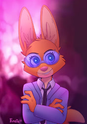 Size: 1280x1810 | Tagged: safe, artist:engieart, diane foxington (the bad guys), canine, fox, mammal, anthro, dreamworks animation, the bad guys, 2022, big ears, clothes, ears, female, front view, glasses, necktie, signature, solo, solo female, suit