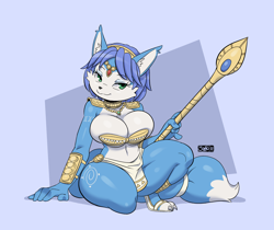 Size: 2500x2100 | Tagged: safe, artist:joaoppereiraus, krystal (star fox), canine, fox, mammal, anthro, nintendo, star fox, 2022, armor, blue hair, breasts, clothes, ears, female, hair, huge breasts, krystal's staff, loincloth, smiling, solo, solo female, spear, tail, thick thighs, thighs, unconvincing armor, vixen, weapon