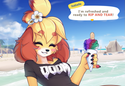 Size: 815x556 | Tagged: safe, alternate version, artist:fluff-kevlar, isabelle (animal crossing), k.k. slider (animal crossing), mabel (animal crossing), canine, dog, hedgehog, mammal, shih tzu, anthro, animal crossing, doom (game), nintendo, 2020, beach, black nose, blushing, breasts, camping, clothes, cropped, crossover, detailed background, dialogue, digital art, ears, eyelashes, female, female focus, flower, flower in hair, fur, hair, hair accessory, headband, headwear, holding, male, ocean, plant, pose, sand, shirt, sitting, snowcone, solo focus, speech bubble, t-shirt, tail, talking, text, topwear, water