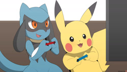 Size: 1280x720 | Tagged: safe, artist:winick-lim, fictional species, mammal, pikachu, riolu, semi-anthro, nintendo, nintendo switch, pokémon, 2022, ambiguous gender, black nose, blushing, controller, couch, cute, digital art, duo, duo ambiguous, ears, fur, open mouth, sitting, tail, television, tongue