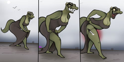 Size: 1280x645 | Tagged: safe, artist:artistncs, deeja (skyrim), argonian, fictional species, reptile, anthro, plantigrade anthro, disney, the elder scrolls, the elder scrolls v: skyrim, the emperor's new groove, 2022, big breasts, breasts, cleavage, clothes, dagger, dress, dress lift, female, knife, open mouth, reference, sharp teeth, solo, solo female, tail, teeth, thick thighs, thighs, weapon