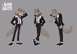 Size: 4096x2897 | Tagged: safe, artist:chibetto64, mr. wolf (the bad guys), canine, mammal, wolf, anthro, dreamworks animation, the bad guys, 2022, bedroom eyes, bottomwear, brown body, brown fur, clothes, ears, fur, glasses, gray background, looking at you, male, necktie, pants, shirt, shoes, simple background, smiling, smiling at you, solo, solo male, suit, sunglasses, tail, tee, topwear