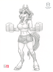 Size: 738x1000 | Tagged: safe, artist:kacey, equine, horse, mammal, anthro, unguligrade anthro, beer mug, belly button, bottomwear, breasts, cleavage, clothes, ears, female, fur, hooves, looking at you, monochrome, signature, simple background, skirt, solo, solo female, standing, tail, top, traditional art, white background