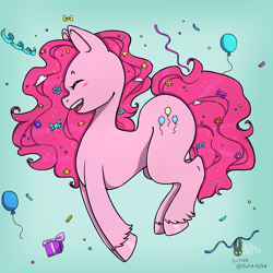 Size: 1446x1446 | Tagged: safe, artist:natt333, pinkie pie (mlp), earth pony, equine, fictional species, mammal, pony, feral, friendship is magic, hasbro, my little pony, 2022, digital art, female, hair, happy, illustration, mane, mare, pink body, pink hair, pink mane, pink tail, simple background, solo, solo female, tail