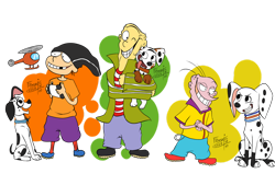 Size: 1280x863 | Tagged: safe, artist:fenris64, dawkins (101 dalmatian street), diesel (101 dalmatian street), dolly (101 dalmatians), ed (ed edd n eddy), edd (ed edd n eddy), eddy (ed edd n eddy), canine, dalmatian, dog, human, mammal, feral, 101 dalmatian street, 101 dalmatians, cartoon network, disney, ed edd n eddy, aircraft, bottomwear, clothes, crossover, female, group, hat, headwear, helicopter, hug, male, one eye closed, pants, shirt, shoes, shorts, simple background, topwear, toy, transparent background, vehicle, winking