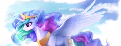 Size: 19423x7401 | Tagged: safe, artist:cannibalus, princess celestia (mlp), alicorn, equine, fictional species, mammal, pony, feral, friendship is magic, hasbro, my little pony, 2016, absurd resolution, cloud, crown, eyelashes, feathered wings, feathers, female, frowning, fur, hair, headwear, horn, jewelry, mane, mare, multicolored mane, multicolored tail, peytral, pink eyes, regalia, scenery, solo, solo female, spread wings, tail, tiara, white body, white fur, white wings, wings
