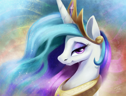Size: 1200x918 | Tagged: safe, artist:tsitra360, princess celestia (mlp), alicorn, equine, fictional species, mammal, pony, feral, cc by-nc-nd, creative commons, friendship is magic, hasbro, my little pony, 2016, abstract background, bust, ethereal mane, eyelashes, female, fur, hair, horn, jewelry, looking at you, mane, mare, pink eyes, regalia, signature, smiling, smiling at you, solo, solo female, white body, white fur