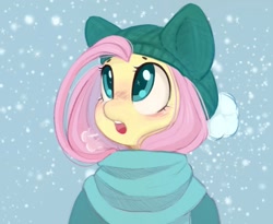 Size: 1200x984 | Tagged: safe, artist:melodylibris, fluttershy (mlp), equine, mammal, pony, anthro, friendship is magic, hasbro, my little pony, 2022, blushing, breathing, clothes, female, fur, furgonomics, hair, looking up, mane, open mouth, scarf, snow, solo, solo female, sweater, topwear, toque, yellow body, yellow fur