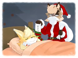 Size: 2732x2048 | Tagged: safe, artist:kame, oc, oc only, canine, dog, mammal, anthro, 2020, bed, black nose, blanket, breasts, christmas, clothes, costume, digital art, duo, ears, eyelashes, eyes closed, female, hair, hat, headwear, holiday, male, pillow, santa costume, santa hat, santa sack, sleeping, unamused