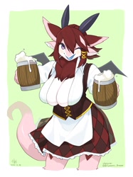 Size: 2048x2732 | Tagged: safe, artist:kame, oc, oc only, dragon, fictional species, furred dragon, anthro, 2020, absolute cleavage, alcohol, beer, beer mug, bottomwear, breasts, cleavage, clothes, digital art, dragoness, dress, drink, ears, eyelashes, female, fur, hair, horns, looking at you, oktoberfest, one eye closed, open mouth, simple background, skirt, solo, solo female, tail, thighs, tongue