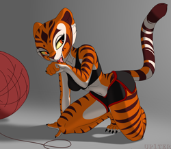 Size: 2746x2383 | Tagged: safe, artist:up1ter, master tigress (kung fu panda), big cat, feline, mammal, tiger, anthro, digitigrade anthro, dreamworks animation, kung fu panda, 2022, bedroom eyes, behaving like a cat, belly button, black nose, bottomwear, breasts, clothes, digital art, ears, eyelashes, female, fur, grooming, kneeling, looking at you, shorts, simple background, solo, solo female, sports bra, sports shorts, striped body, striped fur, tail, thighs, topwear, wide hips, yarn ball