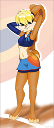 Size: 1053x2501 | Tagged: safe, artist:up1ter, lola bunny (looney tunes), lagomorph, mammal, rabbit, anthro, digitigrade anthro, looney tunes, space jam, space jam: a new legacy, warner brothers, 2021, bedroom eyes, bottomwear, breasts, buckteeth, clothes, digital art, ears, eyelashes, female, fur, gloves, hair, looking at you, midriff, pink nose, shorts, simple background, solo, solo female, sports bra, sports shorts, teeth, thighs, topwear