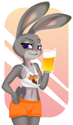 Size: 1165x2000 | Tagged: safe, artist:up1ter, judy hopps (zootopia), lagomorph, mammal, rabbit, anthro, disney, hooters, zootopia, 2020, alcohol, bedroom eyes, beer, beer mug, bottomwear, breasts, clothes, crop top, digital art, drink, ears, eyelashes, female, fur, hand on hip, hooters outfit, looking at you, midriff, orange shorts, pink nose, short shorts, shorts, simple background, small breasts, solo, solo female, tank top, thighs, topwear