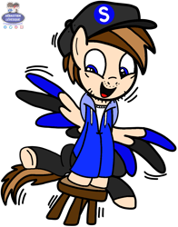 Size: 1047x1336 | Tagged: safe, artist:mrstheartist, edit, edited screencap, screencap, oc, oc only, oc:seb the pony, equine, fictional species, mammal, pegasus, pony, feral, friendship is magic, hasbro, my little pony, clothes, colored wingtips, cute, hoodie, male, shaking, snapback, stallion, stool, topwear, unzipped, wings