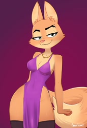 Size: 1350x1970 | Tagged: safe, artist:cubedcoconut, diane foxington (the bad guys), canine, fox, mammal, anthro, dreamworks animation, the bad guys, bedroom eyes, big breasts, breasts, cleavage, clothes, dress, female, jewelry, looking at you, necklace, smiling, smiling at you, solo, solo female, thick thighs, thighs, total sideslit, vixen, wide hips