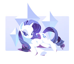 Size: 1000x875 | Tagged: safe, artist:np447235, rarity (mlp), equine, fictional species, mammal, pony, unicorn, feral, friendship is magic, hasbro, my little pony, 2012, 2d, abstract background, bedroom eyes, eyelashes, female, fur, hooves, looking at you, lying down, mare, smiling, smiling at you, ungulate, white body, white fur