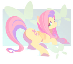 Size: 1000x875 | Tagged: safe, artist:np447235, fluttershy (mlp), equine, fictional species, mammal, pegasus, pony, feral, friendship is magic, hasbro, my little pony, 2012, abstract background, butt, feathered wings, feathers, female, hooves, looking at you, looking back, looking back at you, mare, solo, solo female, tail, wings