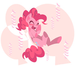 Size: 600x525 | Tagged: safe, artist:np447235, pinkie pie (mlp), earth pony, equine, fictional species, mammal, pony, feral, friendship is magic, hasbro, my little pony, 2012, abstract background, blushing, confetti, eyelashes, eyes closed, female, fur, hair, hooves, mane, mare, open mouth, pink body, pink fur, smiling, solo, solo female, tail