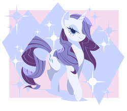 Size: 1000x875 | Tagged: safe, artist:maru, artist:np447235, rarity (mlp), equine, fictional species, mammal, pony, unicorn, friendship is magic, hasbro, my little pony, 2012, abstract background, bedroom eyes, eyelashes, female, fur, hair, hair over one eye, hooves, horn, mare, smiling, solo, solo female, walking, white body, white fur