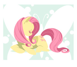 Size: 1000x875 | Tagged: safe, artist:np447235, fluttershy (mlp), arthropod, butterfly, equine, fictional species, insect, mammal, pegasus, pony, feral, friendship is magic, hasbro, my little pony, 2012, abstract background, eyes closed, feathered wings, feathers, female, hair, hooves, mane, sitting, smiling, solo, solo female, tail, wings